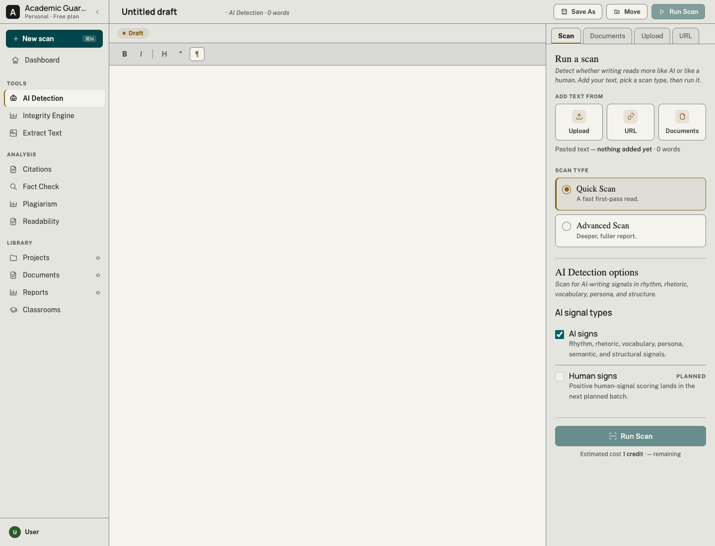 Academic Guardian document editor with scan controls in the current development build